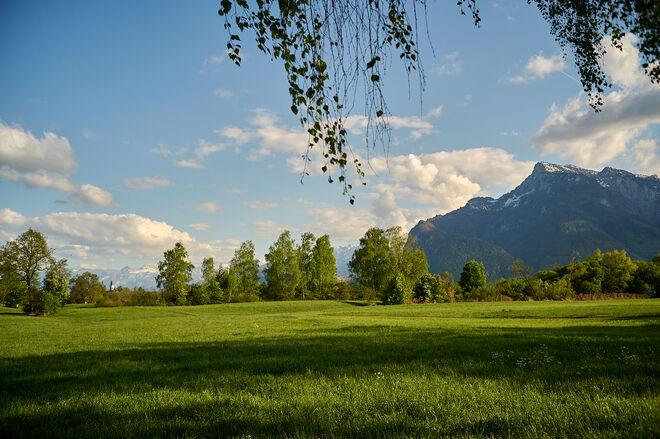 Kirchturm der Pfarrkirche Leopldskron - Moos