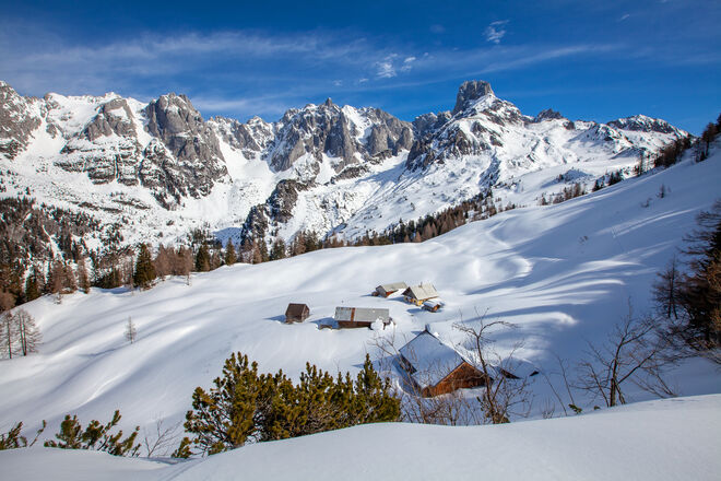 Der Blick auf die Loseggalm und die Bischofsmütze