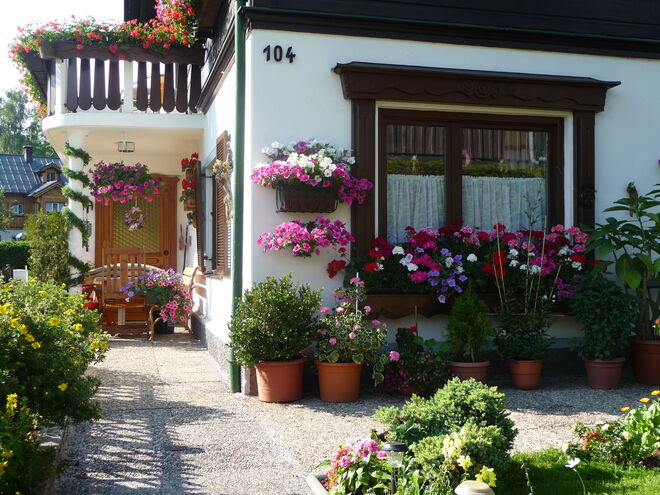 Blumen empfangen die Besucher....