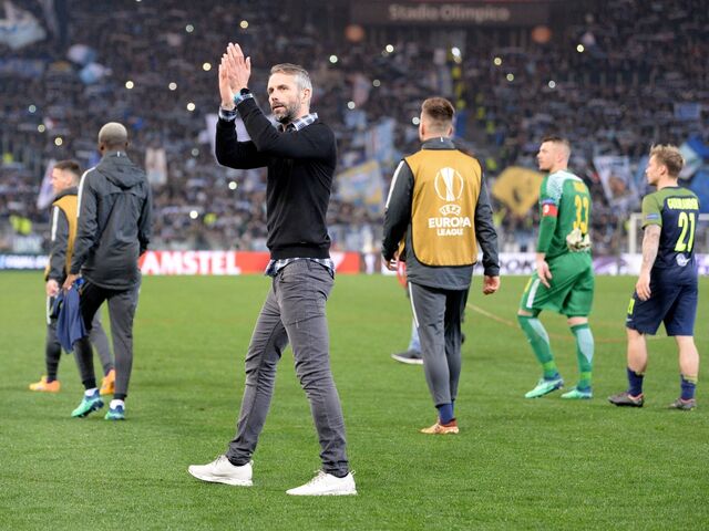 RBS-Trainer Marco Rose nach Ende des Europa League-Viertelfinalspieles gegen Lazio Rom.