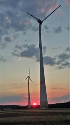 Sonnenuntergang zwischen Windrädern