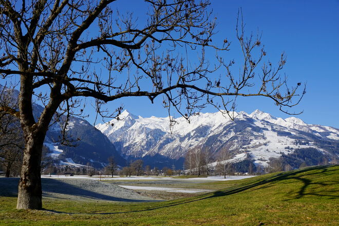 Winterliche Berge und Frühlingsgrün im Tal