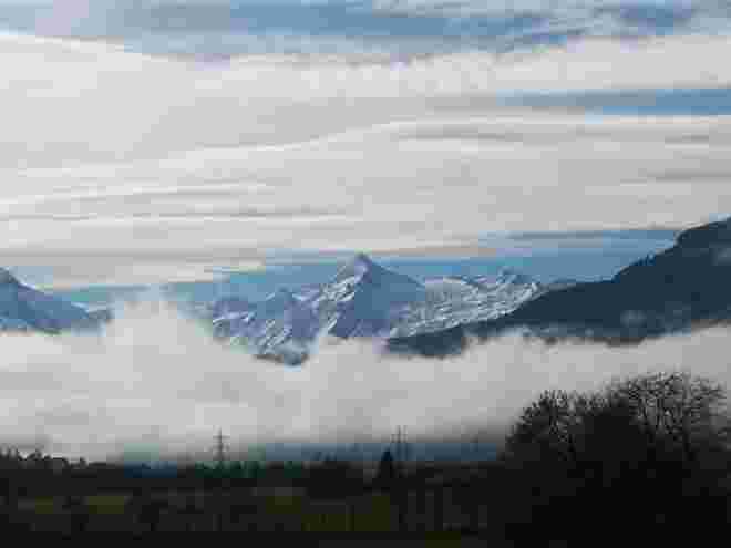 Zwischen Föhnwolken und Bodennebel lugt das Kitz hervor