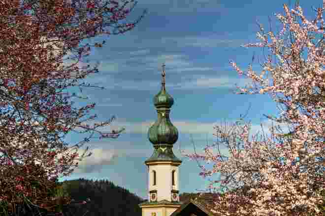 Der schöne Kirchturm von St. Gilgen, umringt von blühenden Sträuchern
