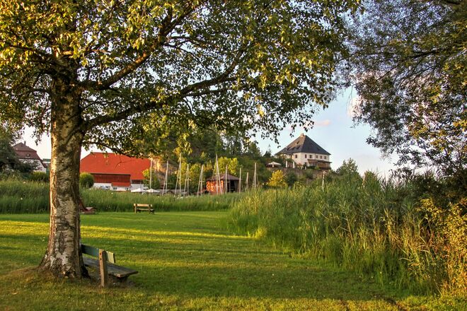 Abendsonne in der Weyerbucht mit Blick auf Schloss Mattsee