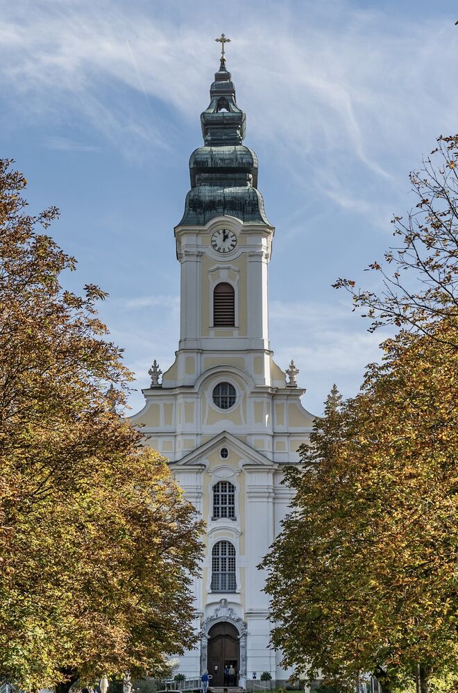  Stiftskirche Engelszell - eingebettet in Herbstlaub