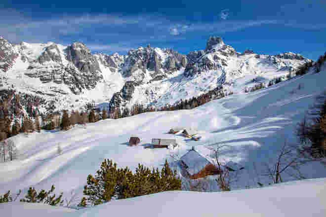 Der Blick auf die Loseggalm und die Bischofsmütze