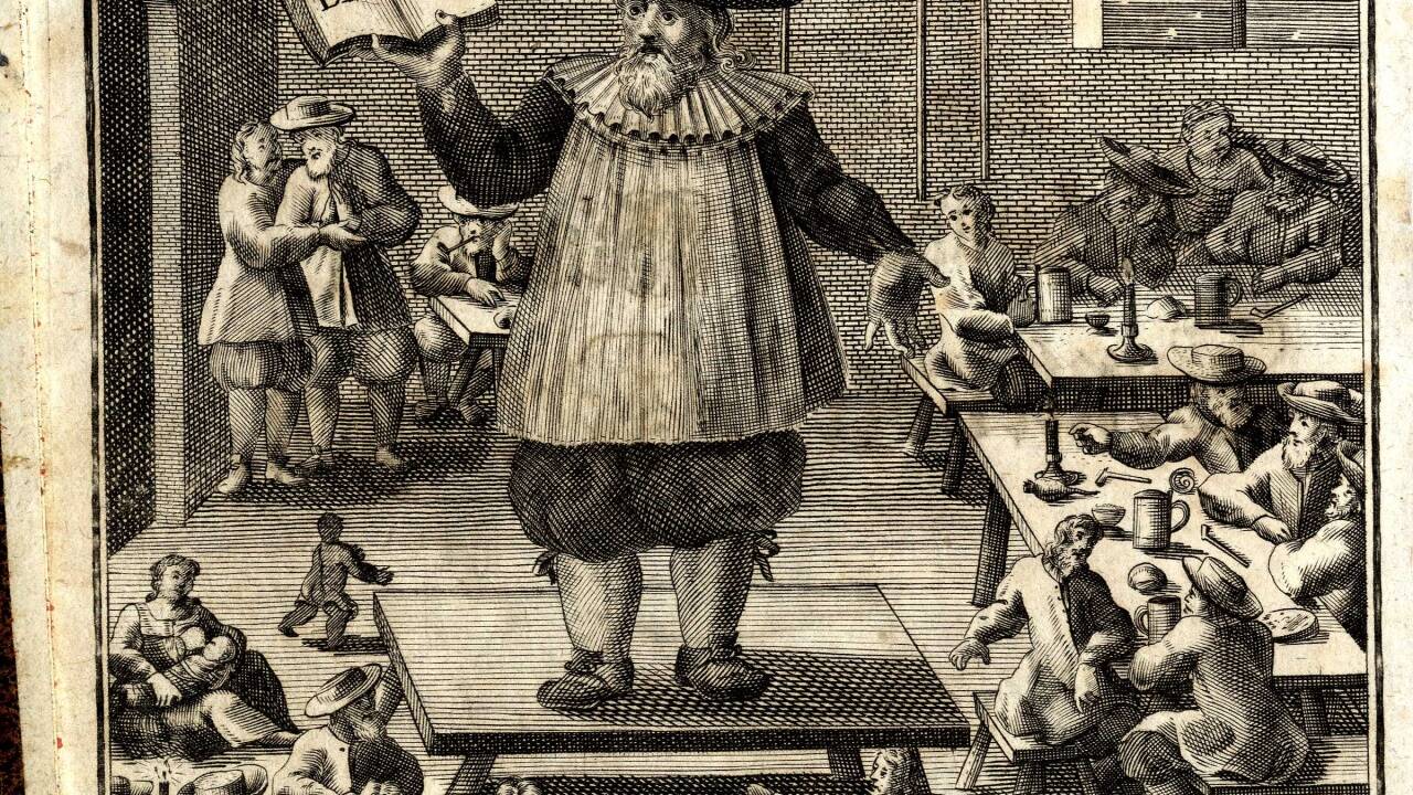 Eine Salzburger Wirtshausszene aus 1733: Die Darstellung eines Predigers mit einer Luther-Bibel stammt aus einem zeitgenössischen Werk von Ruep Stullebner.  