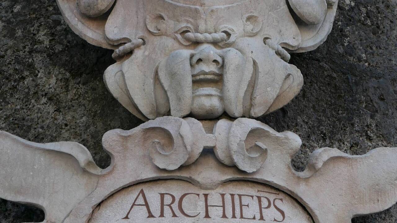 Das maskenhafte Gesicht schält sich aus dem Wappen heraus.  