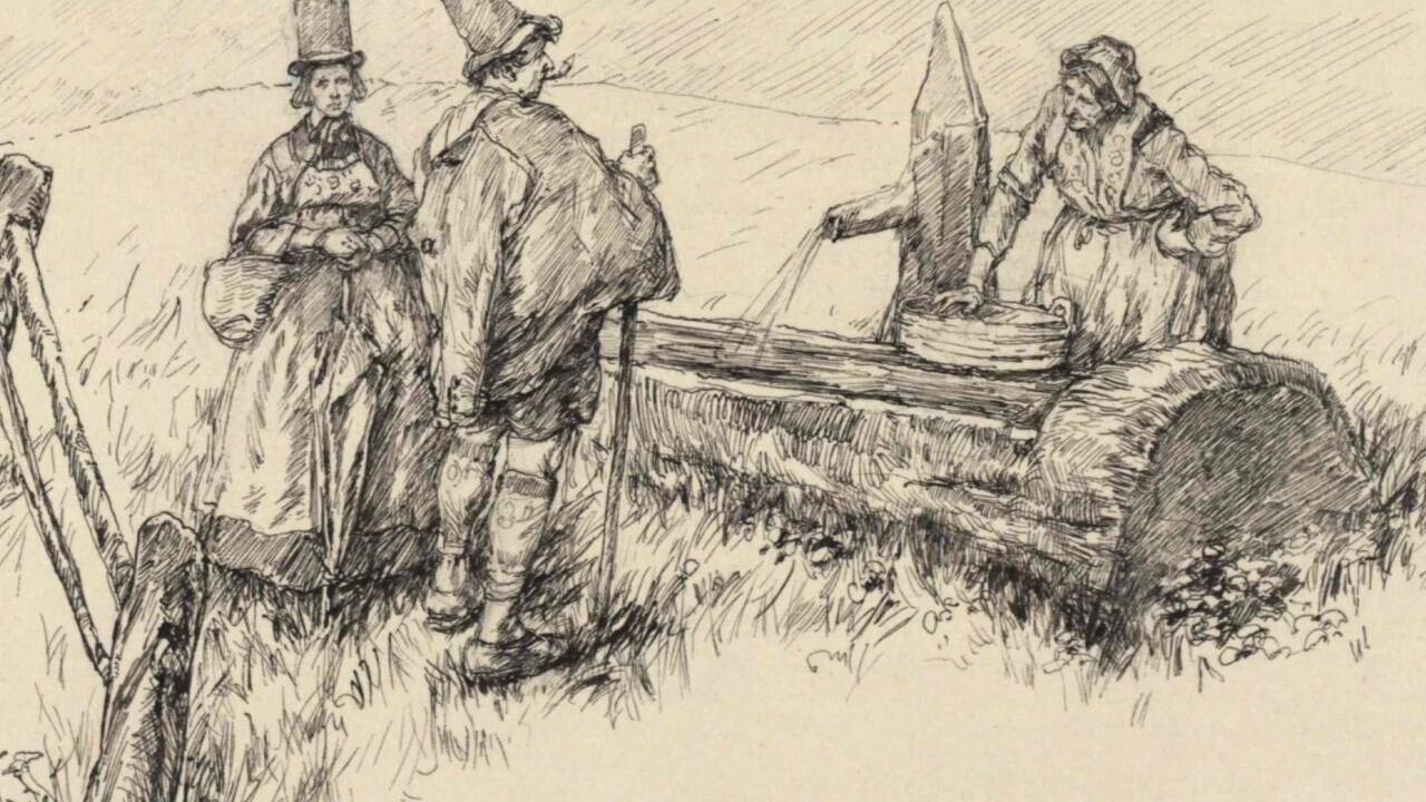 Die Federzeichnung zeigt Salzburger Landleute zur Zeit der Statistikerhebung. Die Federzeichnung zeigt Salzburger Landleute zur Zeit der Statistikerhebung.