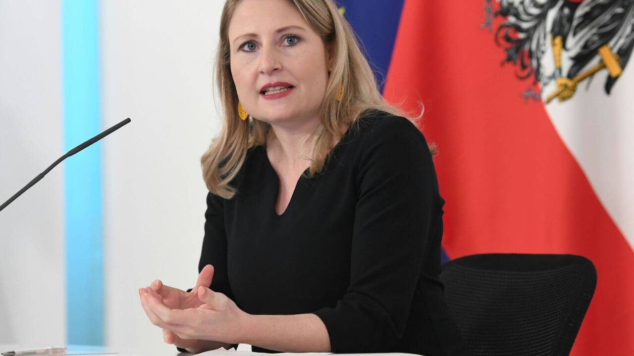 Familienministerin Susanne Raab bei der Pressekonferenz am Mittwoch in Wien. 