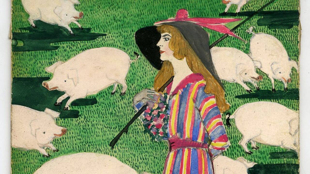 Postkartenentwurf aus 1910 von Mela Koehler für die Wiener Werkstätte.   Postkartenentwurf aus 1910 von Mela Koehler für die Wiener Werkstätte.