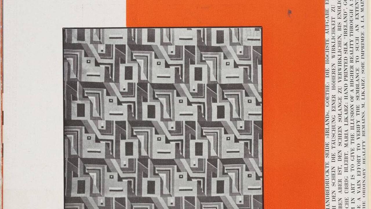 Mathilde Flögl, Seite aus der Jubiläumsschrift „Die Wiener Werkstätte 1903–1928“, 1928 (Ausschnitt).   Mathilde Flögl, Seite aus der Jubiläumsschrift „Die Wiener Werkstätte 1903–1928“, 1928 (Ausschnitt).