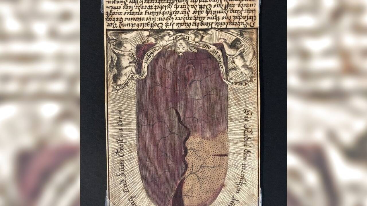 Kupferstich einer „Nepomuk-Zunge“ mit Gebet – von Carl Miller, Prag, 1725. 