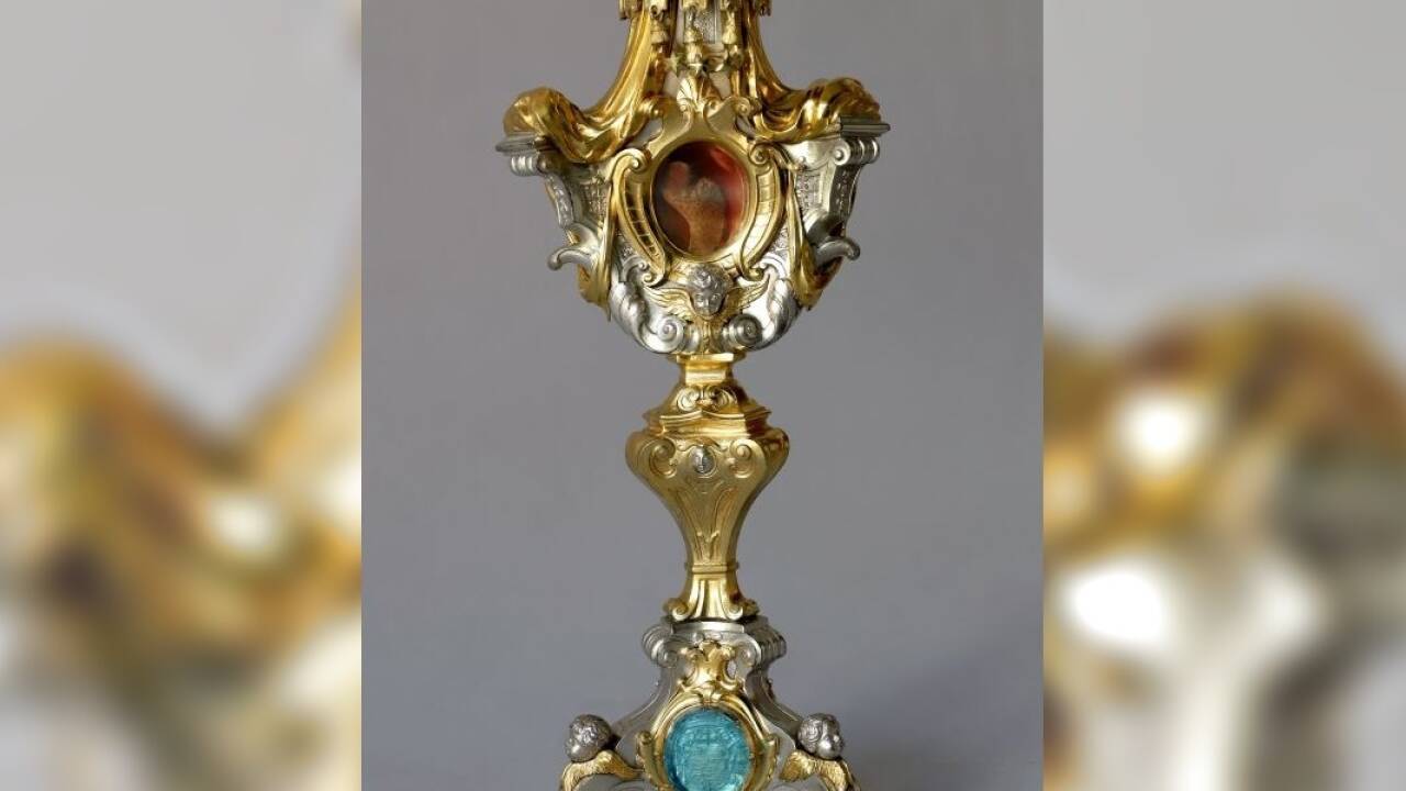 Johannes-Nepomuk-Reliquiar, 1730/1731<br>Jakob Philipp Drentwett (1668–1764), Augsburg, Silber, teilweise vergoldet, Glas<br>Salzburg, Erzbischöfliche Mensa/J. Kral<br> 