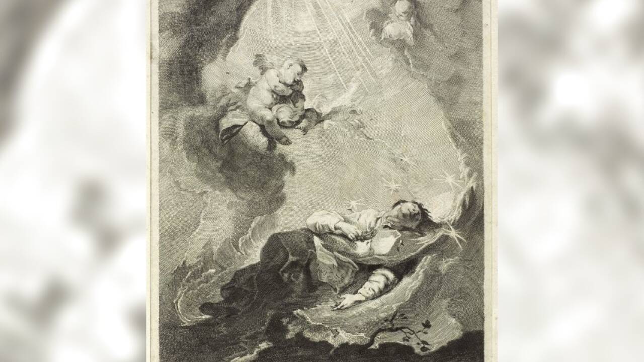Der Leichnam Johannes Nepomuks auf der Moldau, 3. Viertel 18. Jh., J. M. Schmutzer<br>nach F. A. Maulbertsch, Radierung, Dommuseum Salzburg/J. Kral<br>  