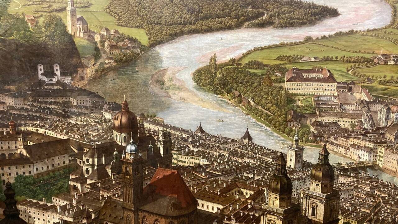 Das Sattler-Panorama zeigt die Salzach vor der Regulierung.  
