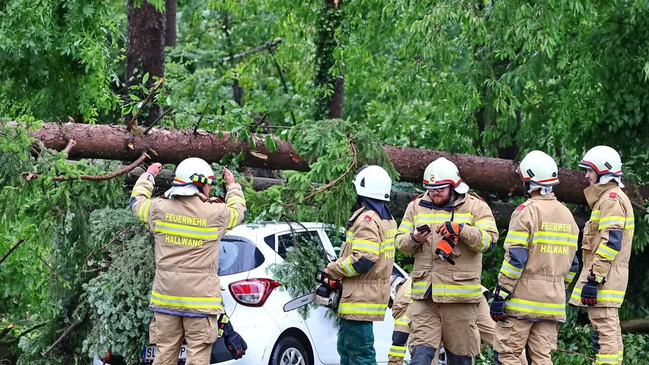 Feuerwehrmänner in Hallwang entfernen einen umgestürzten Baum von einem Auto. 