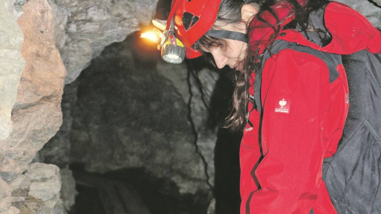 Bergwerksführerin Christina Hoffmann auf dem Weg über das „Gestänge“ ins Innere des Berges. Ausgerüstet ist sie mit festem Schuhwerk, Bergmannsjacke, Schutzhelm mit integrierter Stirnlampe und einer Karbidlampe. Bergwerksführerin Christina Hoffmann auf dem Weg über das „Gestänge“ ins Innere des Berges. Ausgerüstet ist sie mit festem Schuhwerk, Bergmannsjacke, Schutzhelm mit integrierter Stirnlampe und einer Karbidlampe.