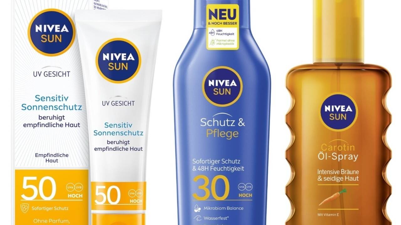 „Nivea Sun UV Gesicht Sensitiv LSF 50 Creme“ für empfindliche Haut bietet einen sofortigen, hohen Schutz vor UVA- und UVB-Strahlen. Die Linie „Nivea Sun Schutz & Pflege“ wurde überarbeitet und noch nachhaltiger formuliert. Das Carotin-Öl-Spray intensiviert die Bräune. „Nivea Sun UV Gesicht Sensitiv LSF 50 Creme“ für empfindliche Haut bietet einen sofortigen, hohen Schutz vor UVA- und UVB-Strahlen. Die Linie „Nivea Sun Schutz & Pflege“ wurde überarbeitet und noch nachhaltiger formuliert. Das Carotin-Öl-Spray intensiviert die Bräune.