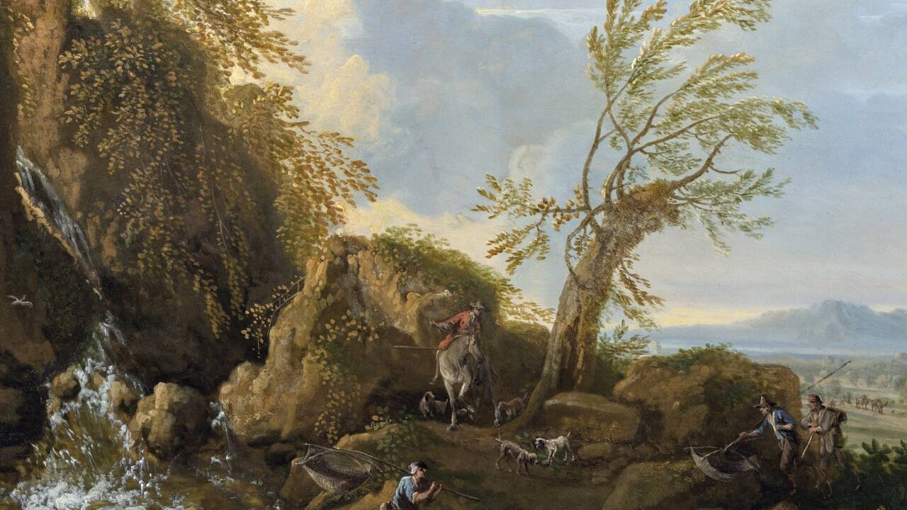 Anton Faistenberger: „Fischer am Bergbach“, Ölgemälde auf verzinkter Eisenplatte, um 1700. Anton Faistenberger: „Fischer am Bergbach“, Ölgemälde auf verzinkter Eisenplatte, um 1700.