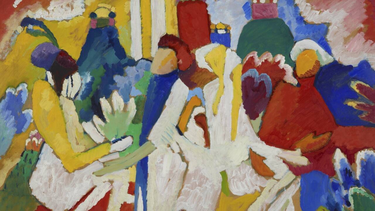 Wassily Kandinsky, „Orientalisches“, Öl auf Pappe, 1909. Nach Angaben des Lenbachhauses dürfte Kandinsky die Anregung zu solch exotischer Farbenpracht von einem mehrmonatigen Aufenthalt in Tunesien gehabt haben.  