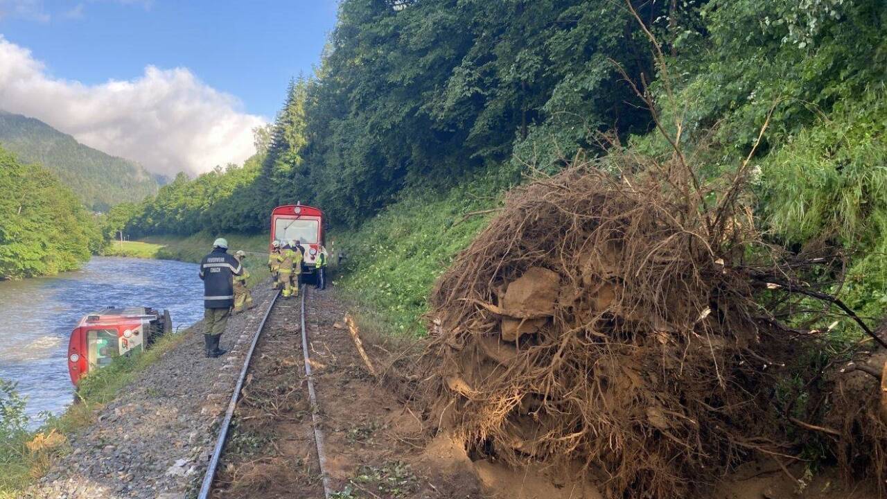 Der Zug der Murtalbahn war gegen einen massiven Baumstrunk geprallt und in die Mur gestürzt.  