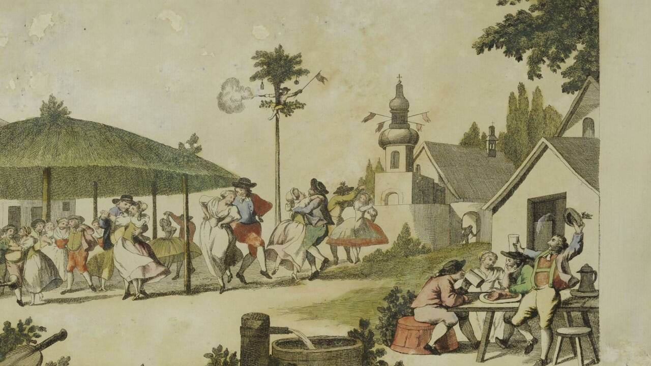 Radierung eines Kirchweihfests, Ende des 18. Jahrhunderts. 