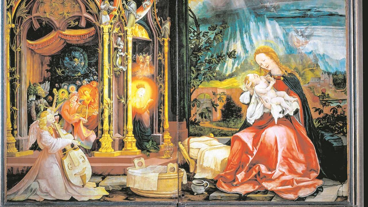Das Engelskonzert und die Menschwerdung Christi am Isenheimer Altar von Matthias Grünewald (Ausschnitt). 