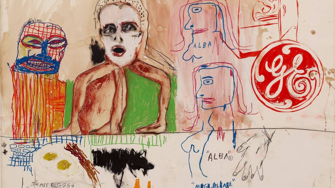 Jean-Michel Basquiat, Francesco Clemente & Andy Warhol, Alba's Breakfast, 1984, Mischtechnik auf Papier, auf Leinwand aufgezogen 