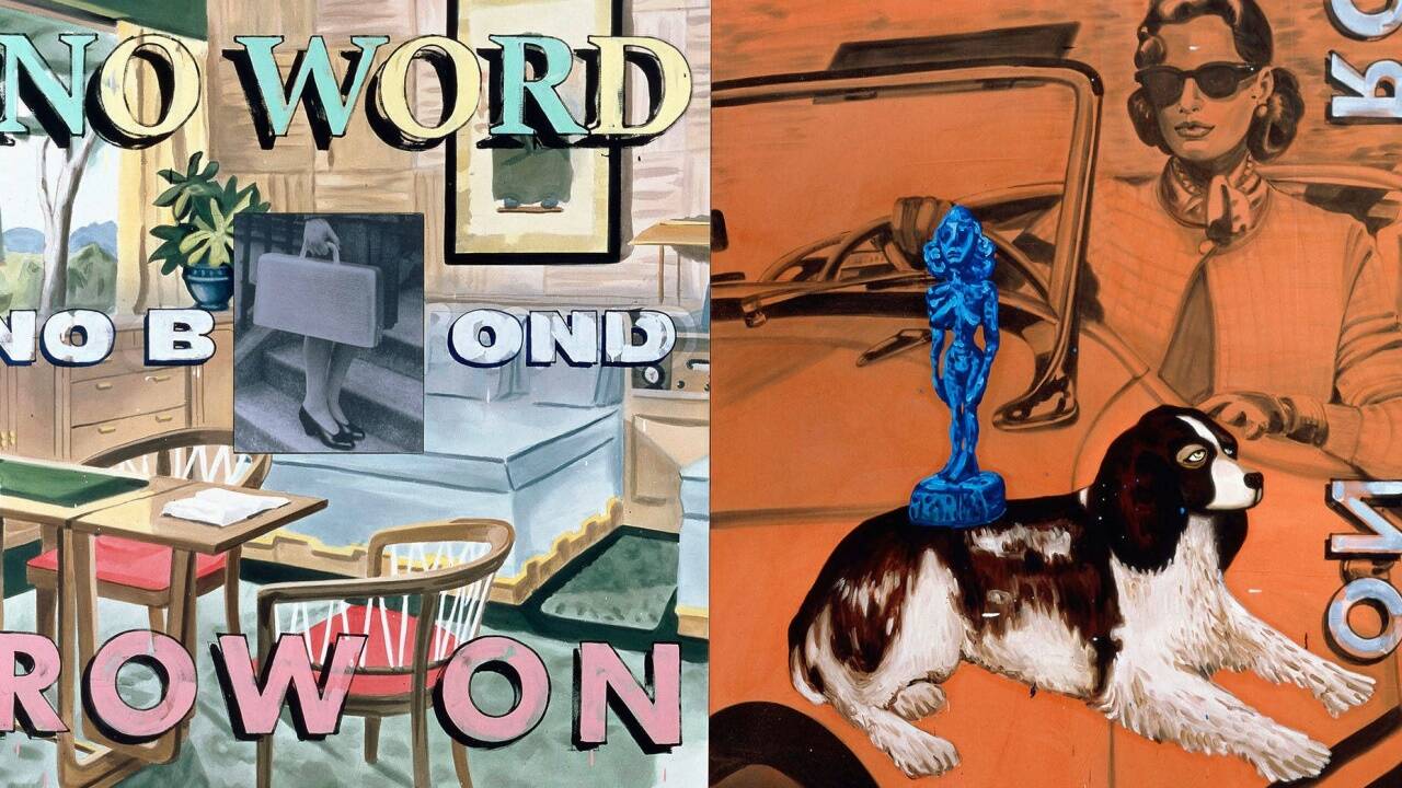 David Salle, Room with blue statue, 1986, Öl, Acryl und lichtempfindliches Leinen auf Leinwand 