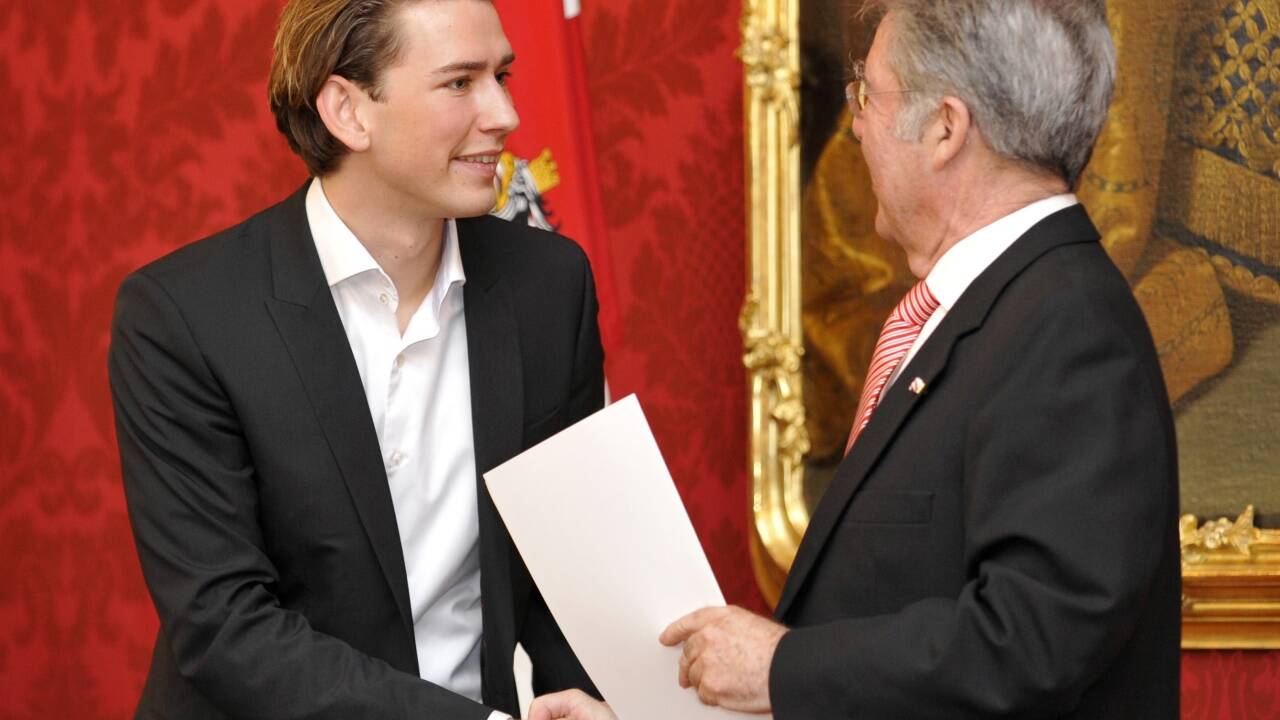 Sebastian Kurz im Jahr 2011 bei seiner Angelobung als Staatssekretär durch Bundespräsident Heinz Fischer.  