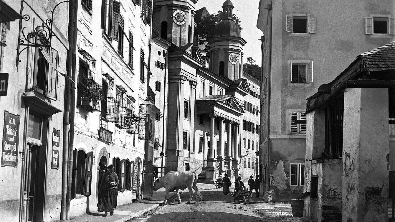 Platz brauchen alle – auch das Vieh. Die Nonntaler Hauptstraße 1892.  