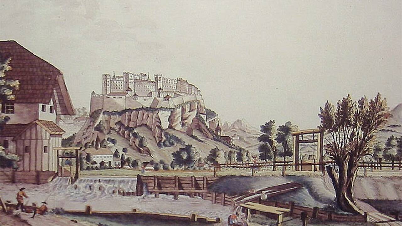 Die Pulvermühle am Almkanal bei Salzburg, in einer Radierung aus dem Jahr 1795.  