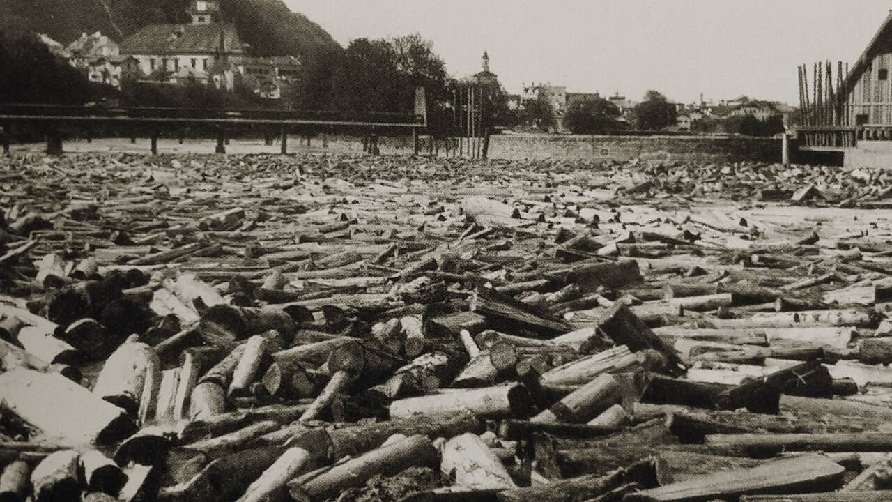 Noch im 20. Jahrhundert wurde auf der Salzach Holz gedriftet. Im Bild der Rechen in Hallein. Noch im 20. Jahrhundert wurde auf der Salzach Holz gedriftet. Im Bild der Rechen in Hallein.