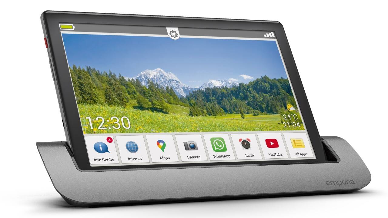 Das emporia-Tablet samt Standfuß. 