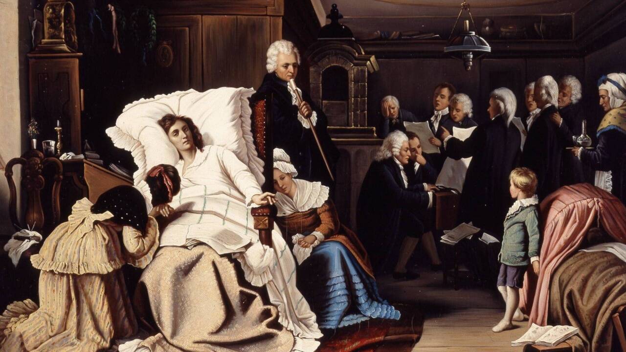 „Mozarts letzte Tage“: Anonyme Ölkopie nach dem Gemälde von Hermann Kaulbach. 