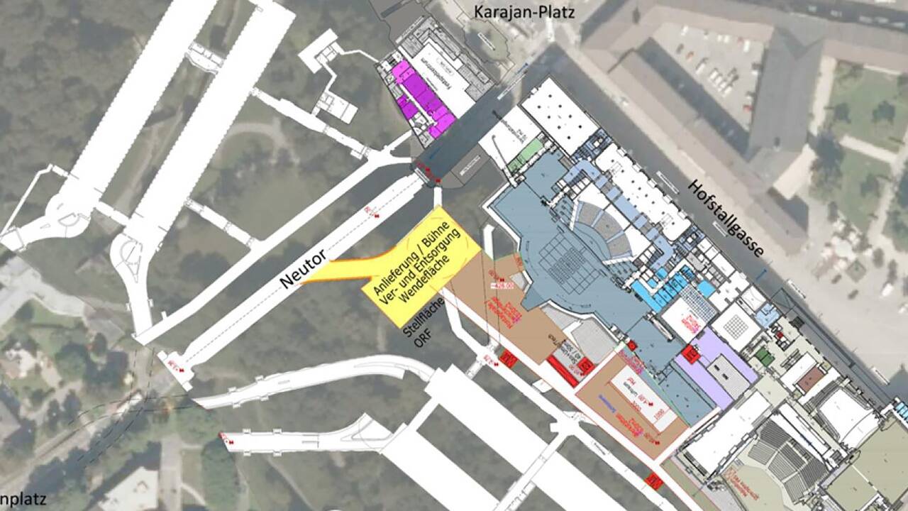 Ein möglicher Sollzustand, wie er bis 2030 fertig sein könnte: Neu wären die Erschließung über das Neutor (gelb) und der Ausbau in den Mönchsberg (braun) – zwischen Großem Festspielhaus, Faistauer-Foyer und Parkgaragen.  