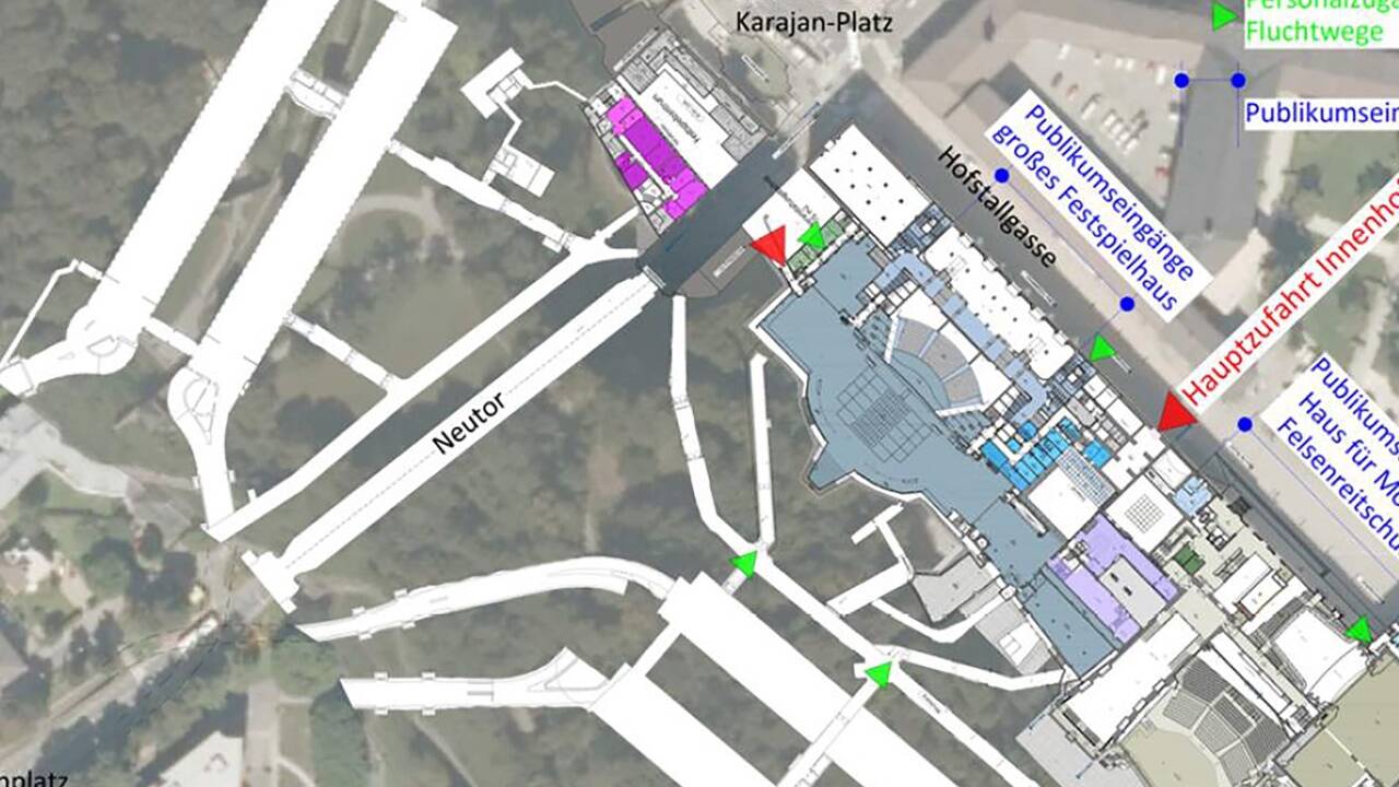 Istzustand der Festspielhäuser mit Zufahrten und Zugängen samt Neutor und Parkgaragen im Berg. 