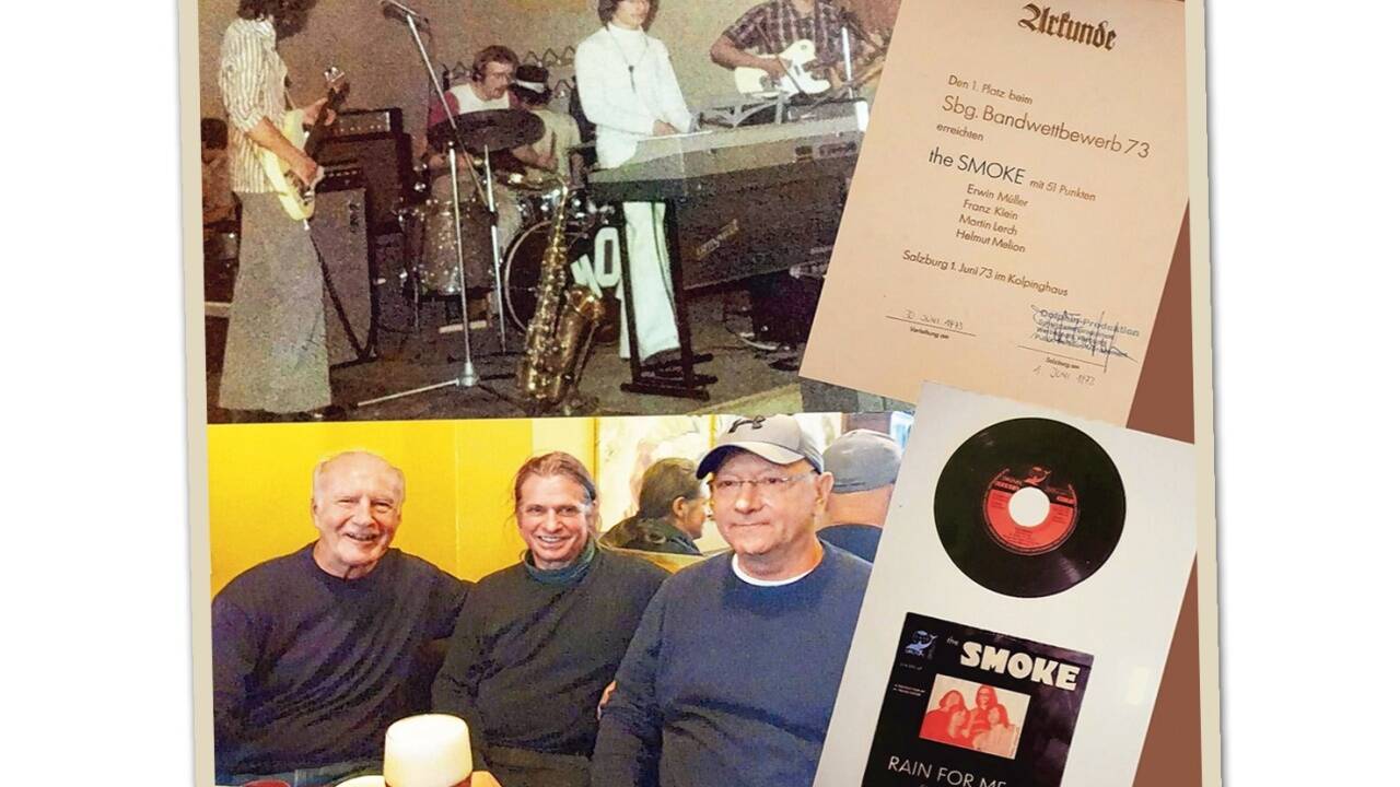 Mit ihrer Band The Smoke gewannen Erwin Müller (links), Schlagzeuger Helmut Melion, Gitarrist Franz Klein und Martin Lerch an der elektronischen Orgel 1973 den Bandwettbewerb im Kolpinghaus. Kürzlich trafen Klein, Lerch und Müller (v. l.) wieder zusammen.  