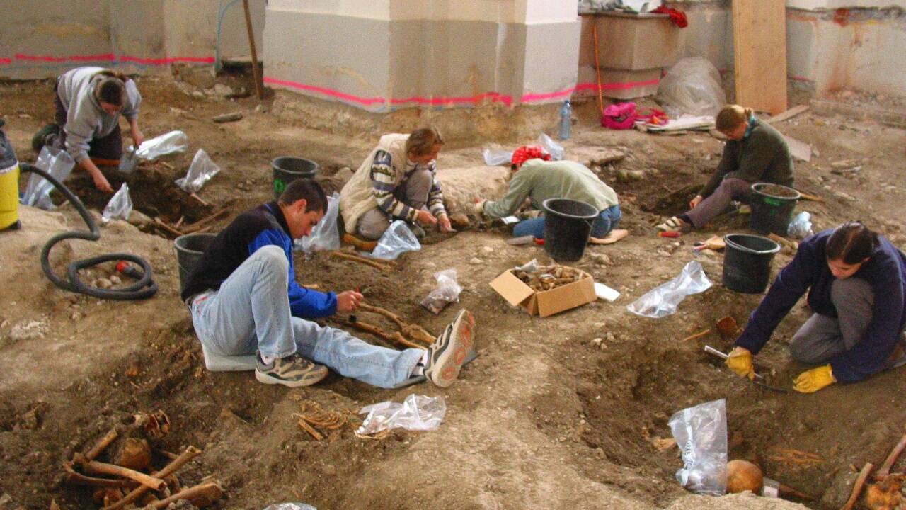Unter der Stadtkirche in Hallein fand man 2005 Hunderte Skelette. Nur wenige dieser Toten starben an der Pest, vermuten Historiker heute. 