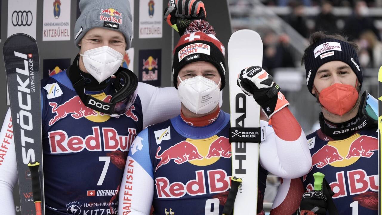 Das Siegerbild: Marco Odermatt, Beat Feuz und Daniel Hemetsberger.  