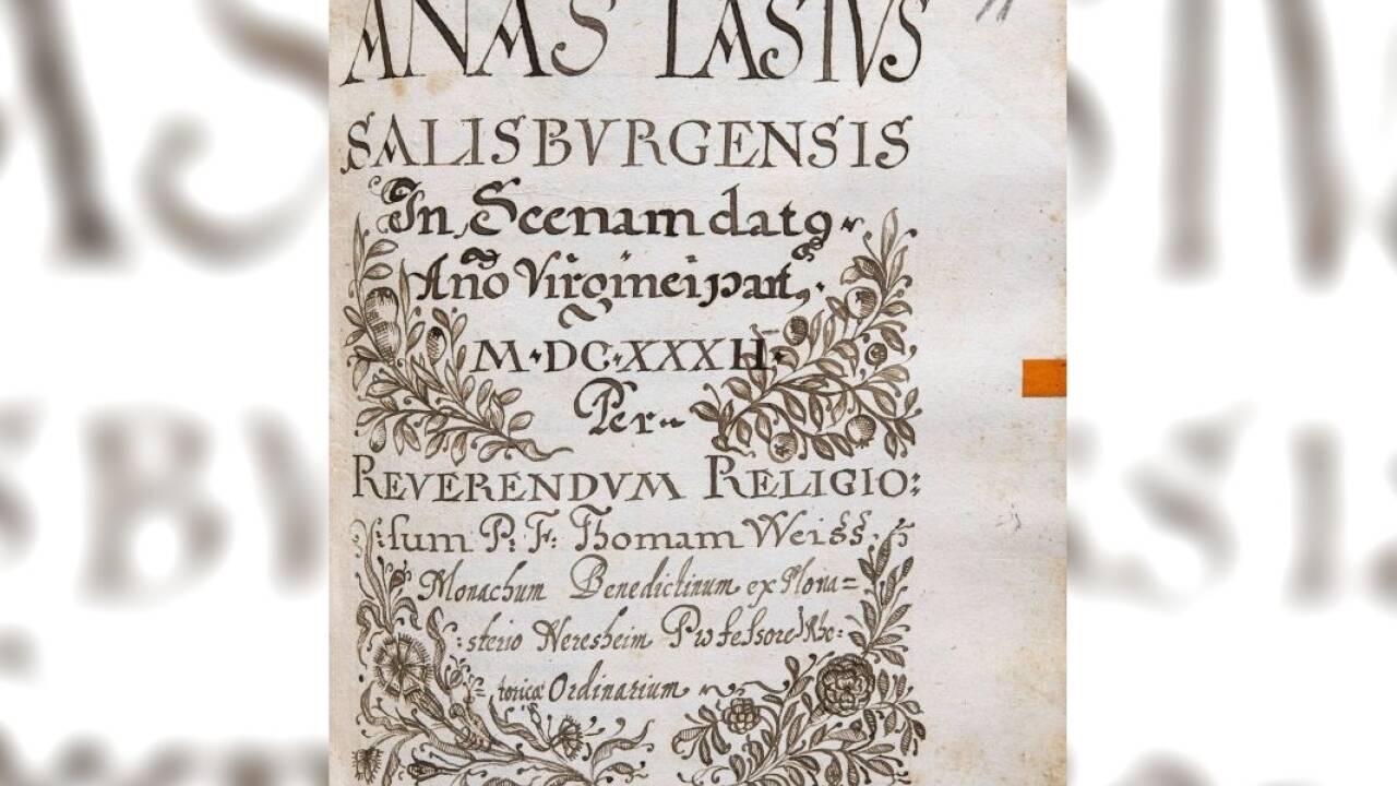 Titelblatt des Theaterstücks: Der erste „Jedermann“ in Salzburg wurde am 8. November 1632 im Theater der Universität gespielt. Der Titel des Stücks nach demselben Stoff, den später auch Hugo von Hofmannsthal bearbeiten sollte, lautet „Anastasius“.  