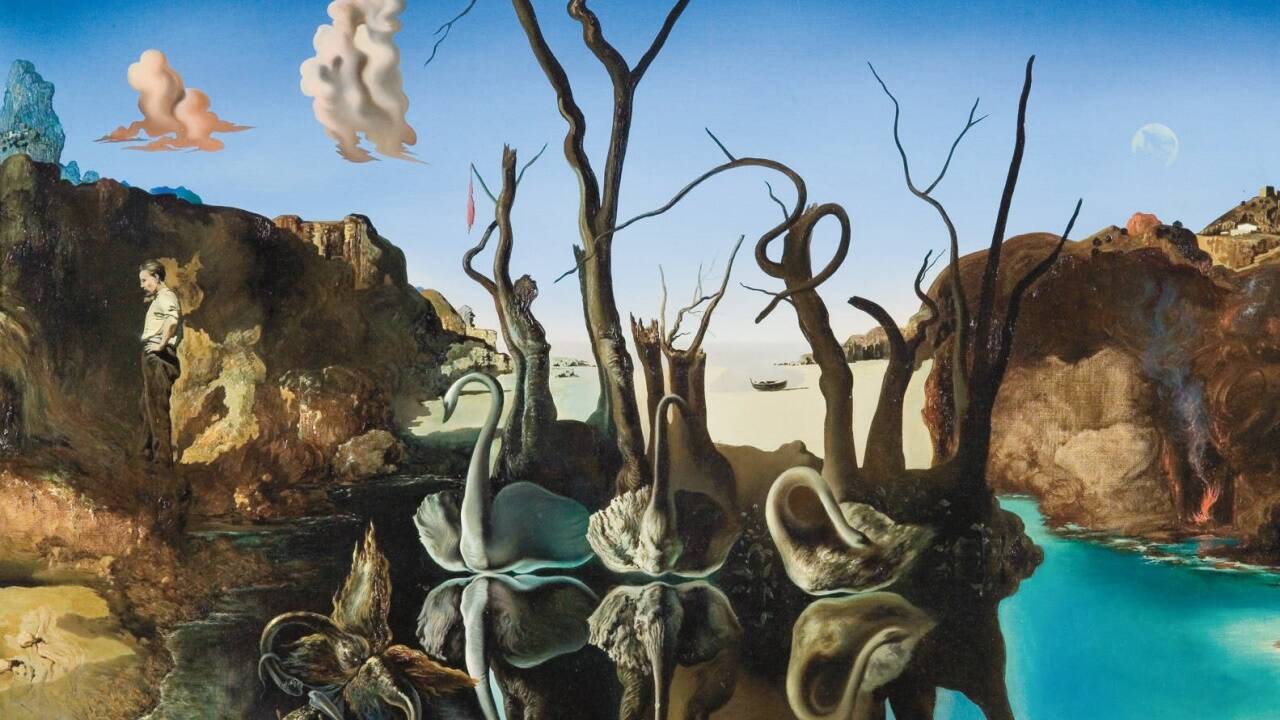 Dalí, „Schwäne spiegeln Elefanten wider“, 1937. Dalí, „Schwäne spiegeln Elefanten wider“, 1937.
