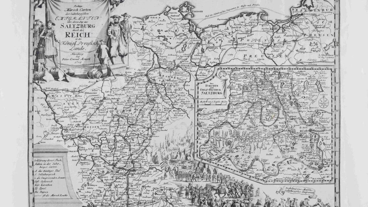 Peter Conrad Monath: Landkarte der Salzburger Protestantenvertreibung mit Routenverlauf zwischen dem Fürsterzbistum Salzburg und dem Königreich Preußen, 1732. 