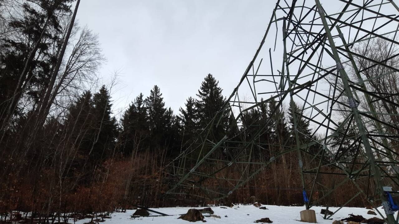 Der umgeknickte 380-kV-Strommast steht in einem Waldstück im Gemeindegebiet von Hallwang.  
