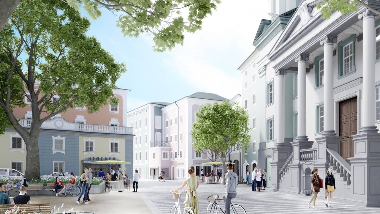 So soll der Erhardplatz vor der Kirche (Blickrichtung stadtauswärts) nach der Umgestaltung 2023 aussehen. 