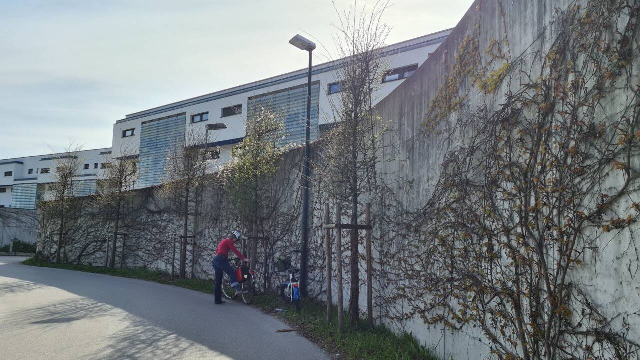 Die Lärmschutzwand vor der Gartenstadt in Aigen.  
