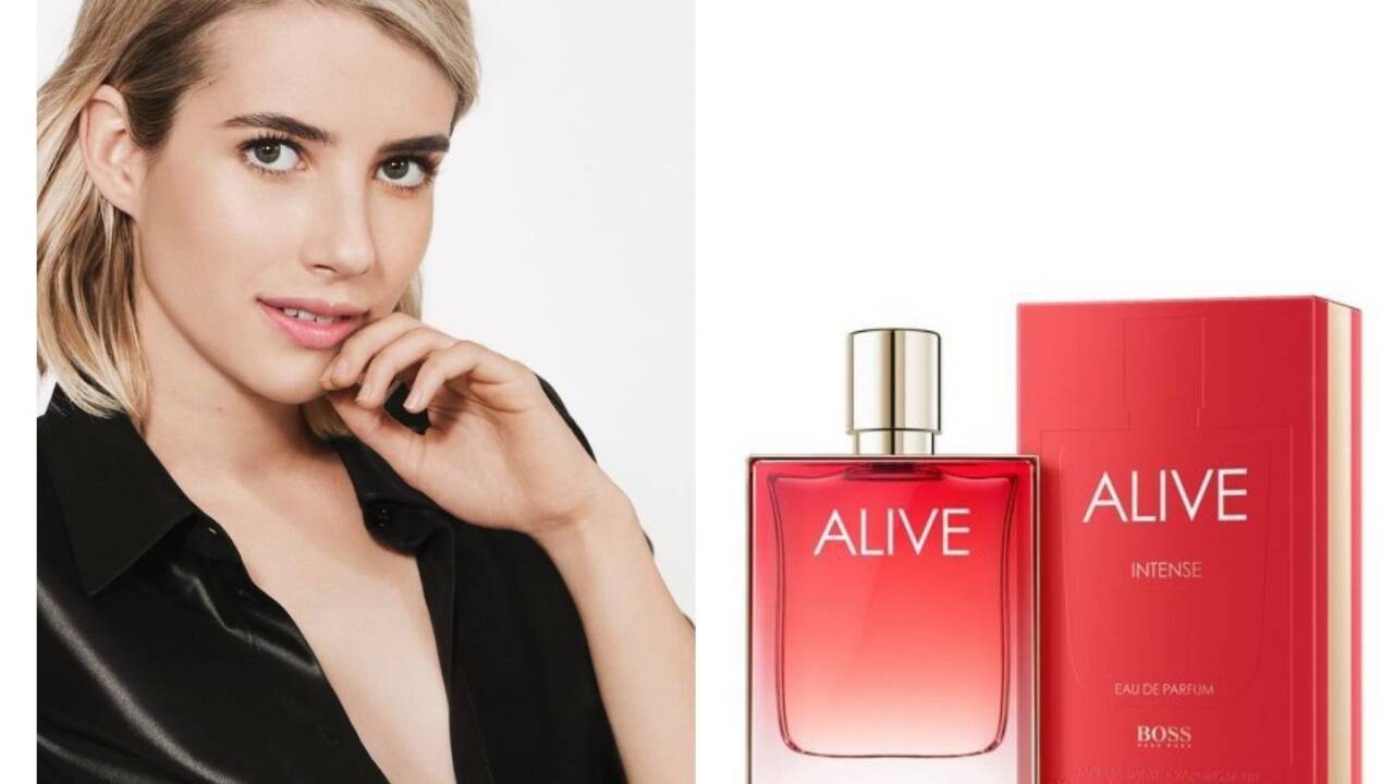 Boss Alive Intense von Boss Parfums bezaubert nicht nur mit Emma Roberts, sondern auch mit süßen Himbeernoten, Vetiver und sinnlichem Benzoin.  