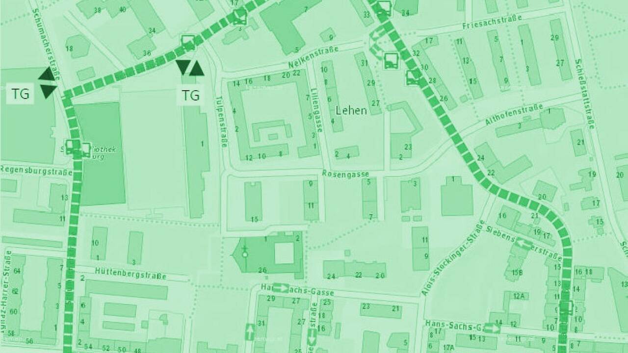 Superblock Schumacherstraße/Siebenstädterstraße: Das flächenmäßig größte infrage kommende Gebiet befindet sich im Stadtteil Liefering und grenzt im Süden an die Lehener Hauptstraße als wichtige Verkehrsachse. TU Wien (3)  Superblock Schumacherstraße/Siebenstädterstraße: Das flächenmäßig größte infrage kommende Gebiet befindet sich im Stadtteil Liefering und grenzt im Süden an die Lehener Hauptstraße als wichtige Verkehrsachse. TU Wien (3)